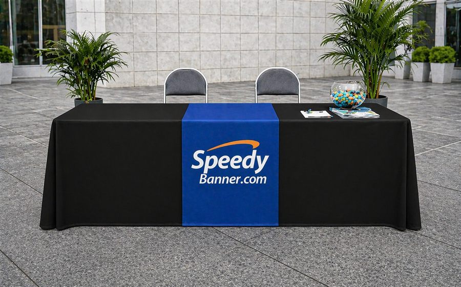 Custom table runner on black tablecloth